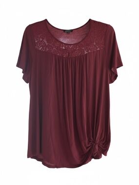Lush Lace Yoke Knot-Front Short Sleeve Tee — Burgundy